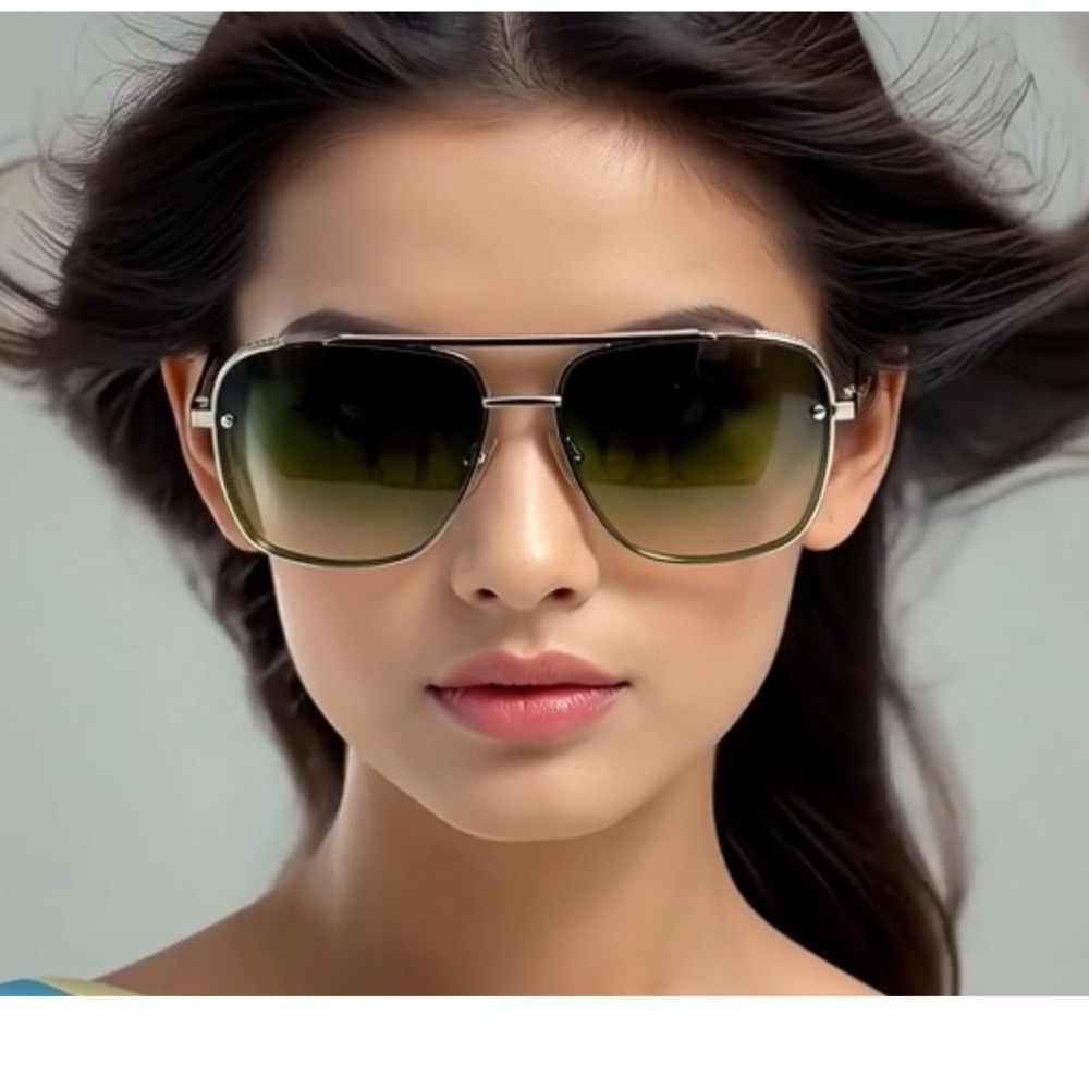 Women Sunglasses Silver Frame Gradient Green Lens Metal Unique Outdoor Outfits - Picture 5 of 7
